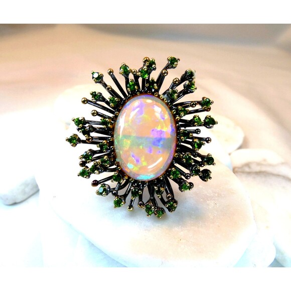 Stunning Huge 13 CT Natural Ethiopian Opal Chrome Diopside Sterling Silver Ring - Picture 3 of 9